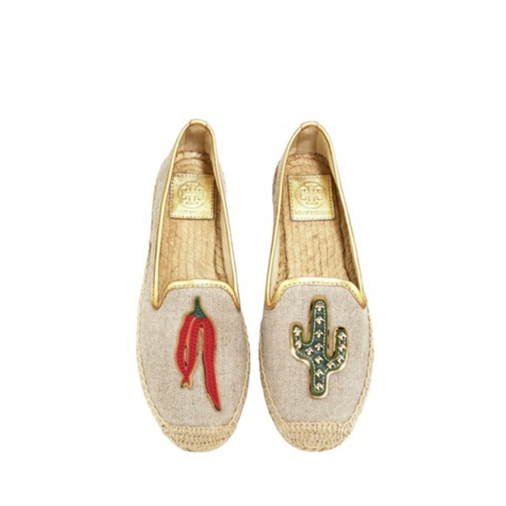 Tory Burch Santa Fe Linen Espadrille Natural Gold Chili Cactus Slip On Flats